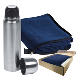 Set Fleecedecke + Thermoskanne LIVERPOOL, dunkelblau - Werbemittel