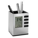 Stifthalter mit Uhr REZE, silber - Werbeartikel