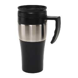 Isolierbecher HOT DRINK, silber-schwarz - Werbeartikel